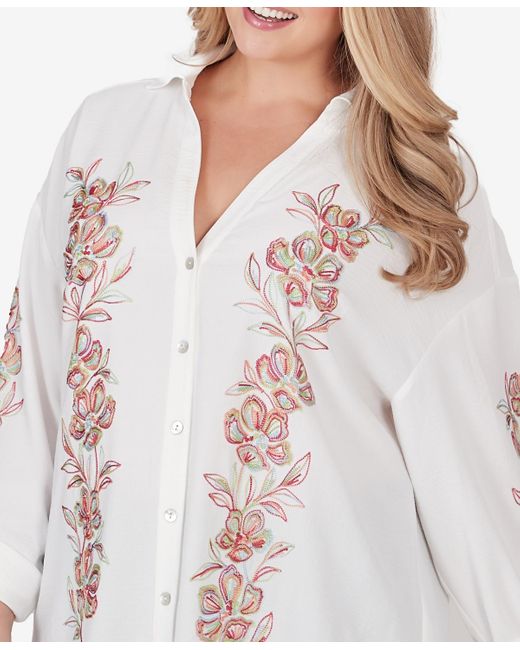 Ruby Rd White Plus Size Solid Embroidered Crepe Top