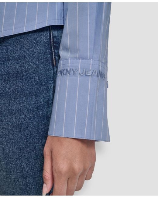 DKNY Blue Cropped Long Sleeve Button Front Shirt