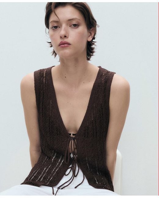 Mango White Openwork Bow Closure Knit Vest