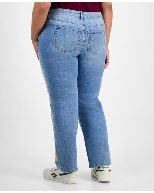 And Now This Blue Trendy Plus Size High-rise Embroidered Jeans