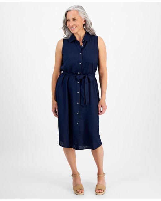 Style & Co. Blue Petite Linen Sleeveless Shirt Dress