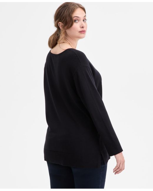 INC International Concepts Black Plus Size V-neck Long-sleeve Tunic