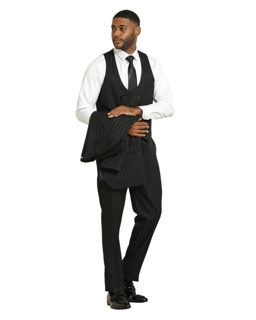 Stacy Adams Black Tone On Tone 3-piece Jacket With Solid Vest And Pants Suit Peak Lapel for men