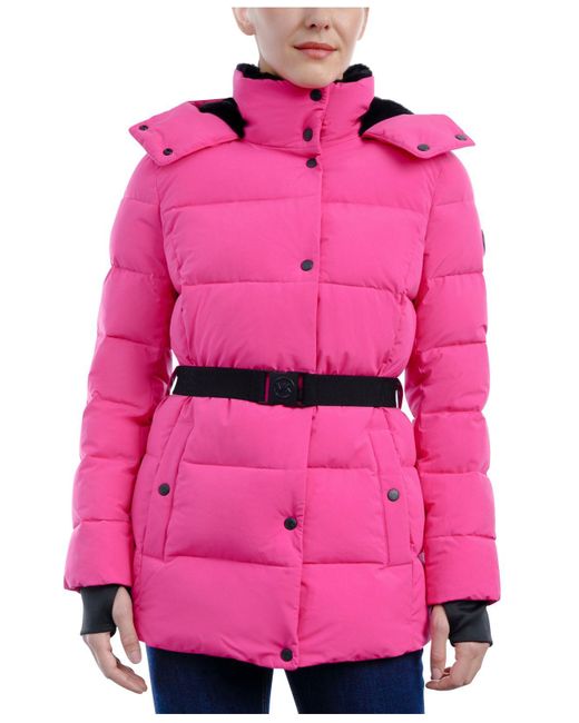 Michael Kors Belted Hooded Puffer Coat in Pink | Lyst Canada