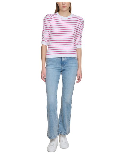 DKNY Blue Striped Ruched-sleeve Crewneck Top