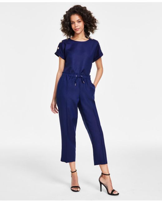 Anne Klein Blue Linen-blend Mid Rise Drawstring-waist Crop Pants