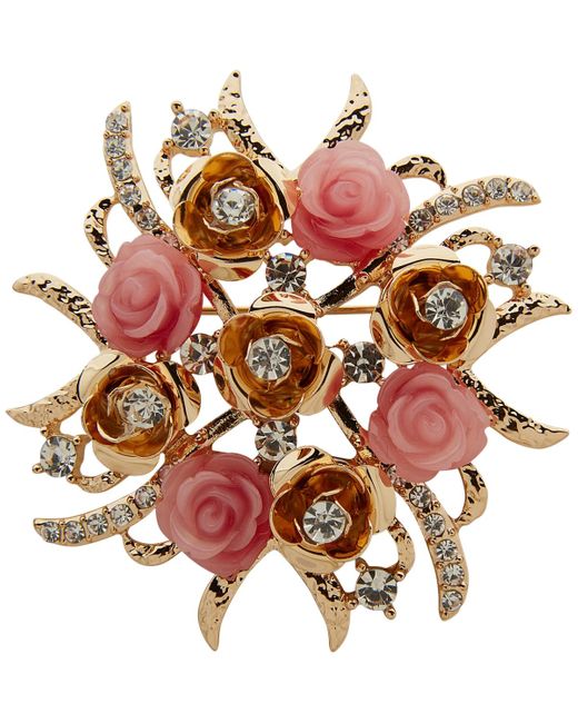 Anne Klein Pink Gold-tone Pave Rose Bouquet Pin