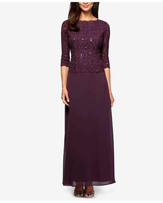 Alex Evenings Sequin Lace & Chiffon Gown in Deep Plum (Purple 