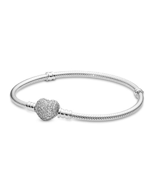 Pandora White Moments Cubic Zirconia Sparkling Heart Clasp Snake Chain Bracelet