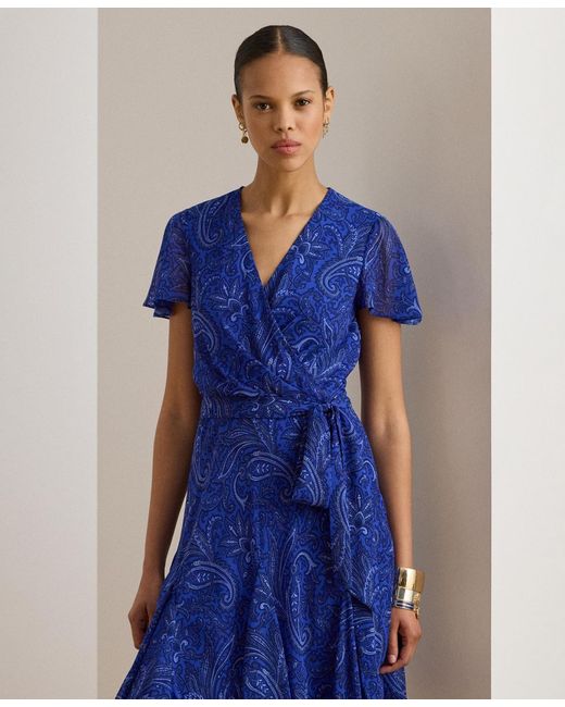 Ralph Lauren Blue Crinkled Surplice Dress
