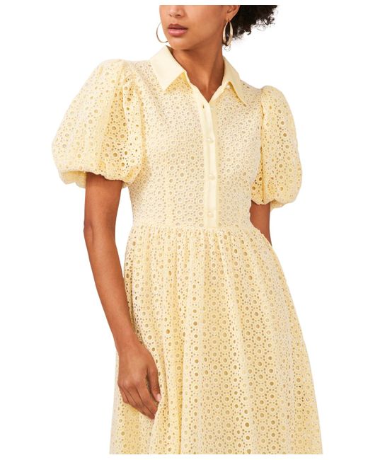 Cece Yellow Balloon-sleeve Cotton Eyelet Midi Dress