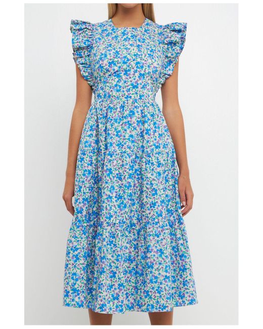 English Factory Floral Back Cutout Midi Dress in Blue Lyst