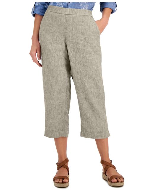 Charter Club Natural Petite Linen Cropped Pull-on Pants