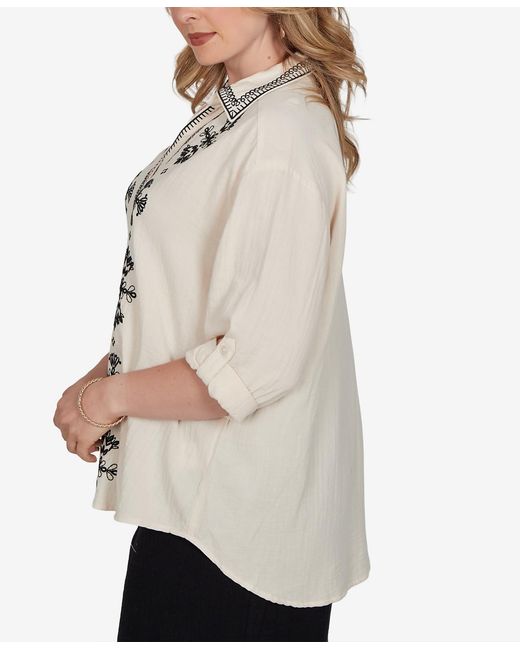 Ruby Rd Natural Plus Size Embroidered Gauze Button Front Top