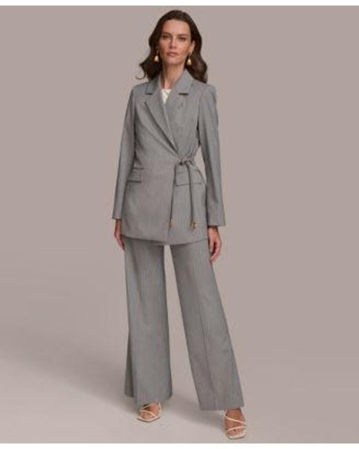 Donna Karan Gray Pinstripe Tie Waist Blazer Wide Leg Pants