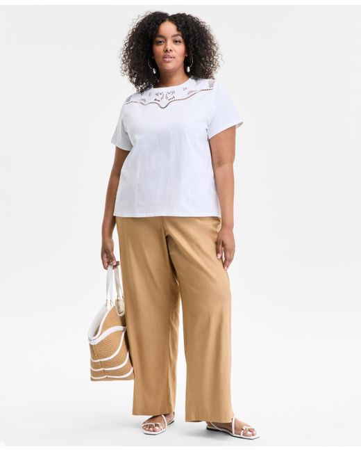 INC International Concepts White Plus Size Cotton Lattice-inset Top
