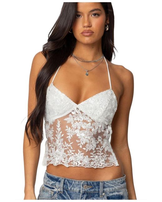 Edikted White Nyx Backless Sheer Lace Top