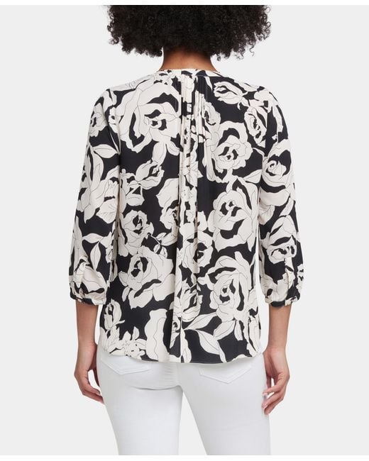 NYDJ Gray Pintuck Split Round Neck Top
