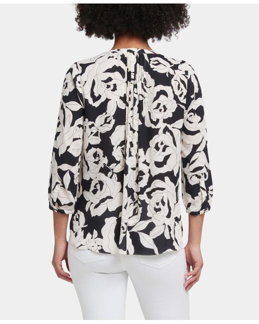 NYDJ Gray Pintuck Split Round Neck Top