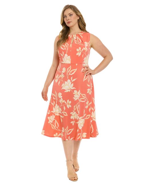London Times Red Plus Size Printed Sleeveless Midi Dress