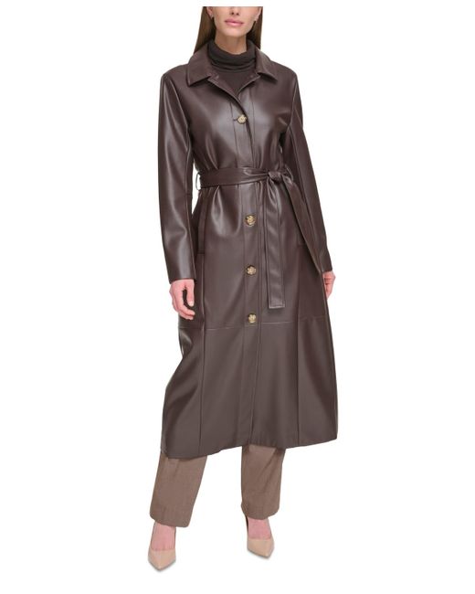 Calvin Klein Belted Faux-leather Trench Coat in Brown | Lyst