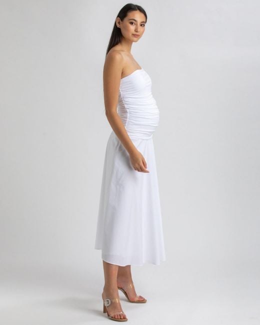 PIETRO BRUNELLI MATERNITY White Maternity Strapless Side Ruching Poplin And Jersey Coco Dress