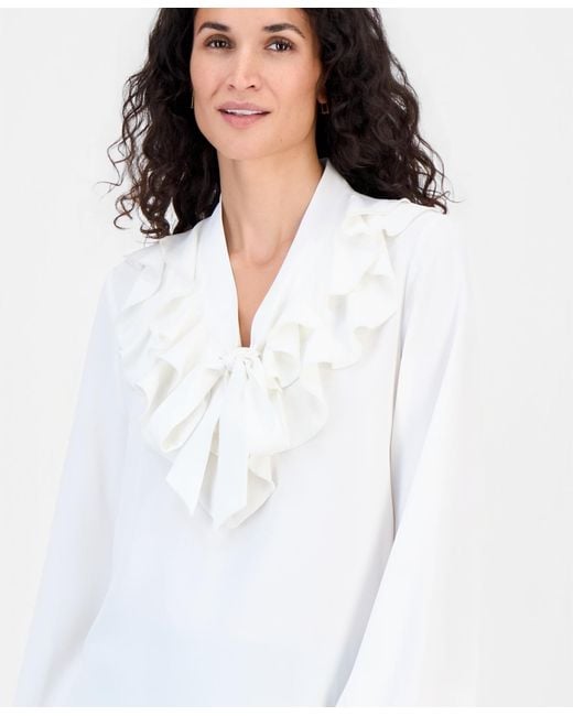 Kasper White Petite Solid Georgette Ruffle-neck Blouse