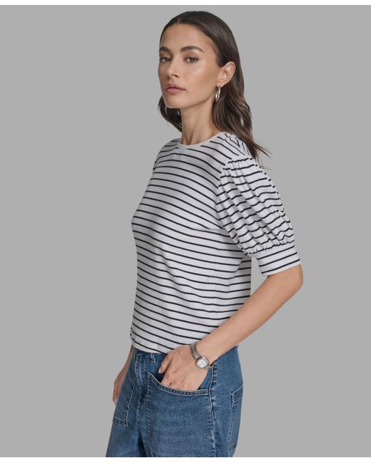 BCBGMAXAZRIA Blue Short Sleeve Stripe Crewneck Top