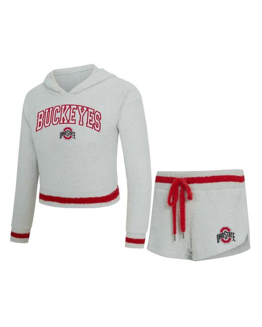 Concepts Sport White 2-piece Gray/scarlet Ohio State Buckeyes Whitley Long Sleeve Hoodie Top And Shorts Set