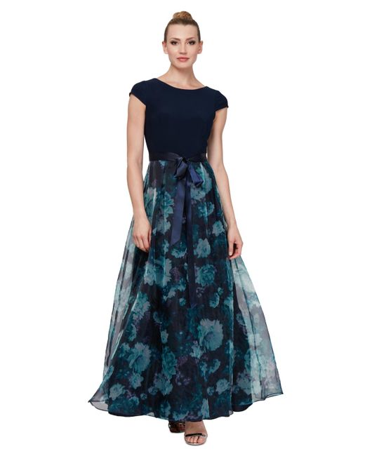 Sl Fashions Blue Petite Floral-organza Satin-bow Gown