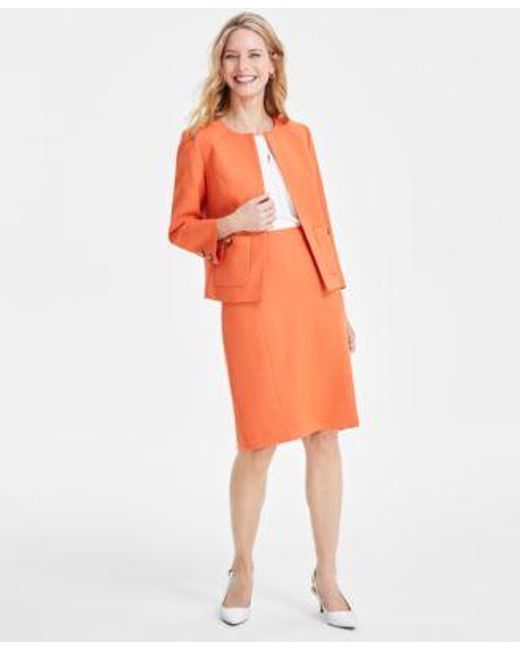 Kasper Orange Textured Open Front Jacket Pencil Skirt