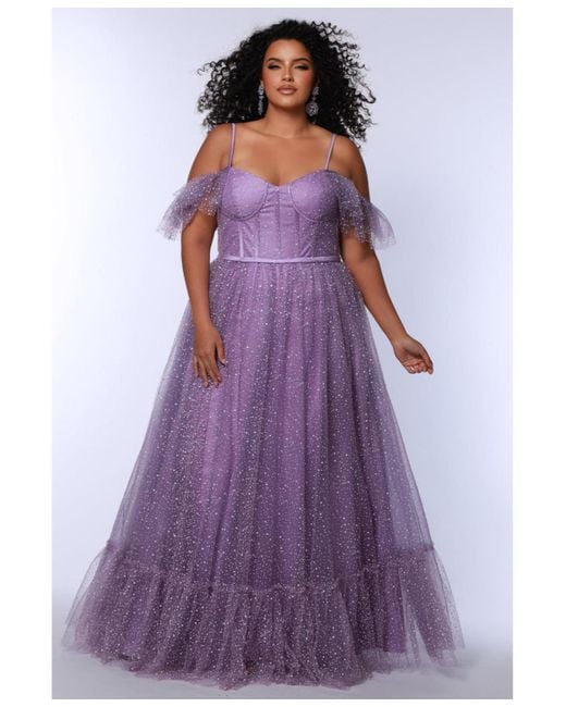 Sydney's Closet Purple V-neckline Flutter Sleeve Slim A-line Gown