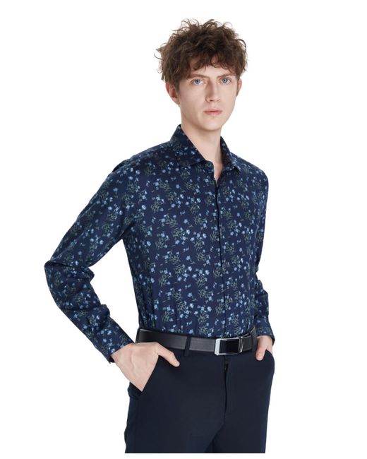 BarIII Blue Tossed Bouquet Print Dress Shirt for men