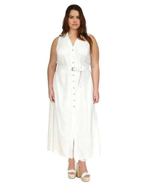 Michael Kors White Michael Plus Size Belted Sleeveless Maxi Dress