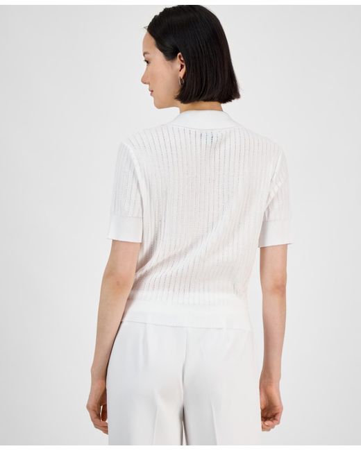 Tahari White Stripe-textured Knit Button-front Top