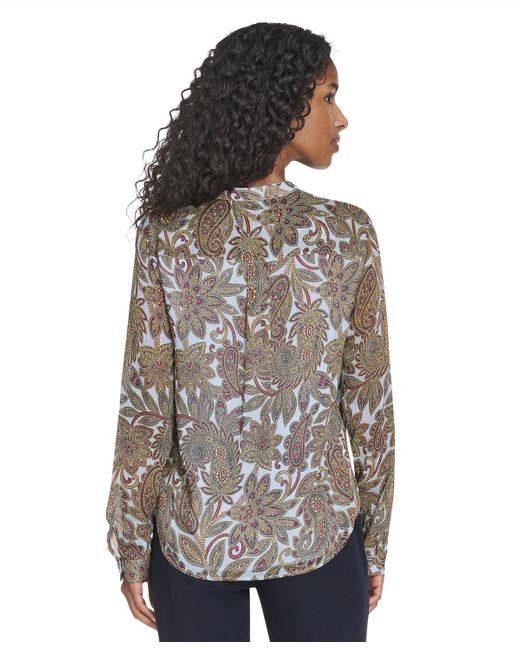 Tommy Hilfiger Gray Paisley Ruffle Long Sleeve Blouse