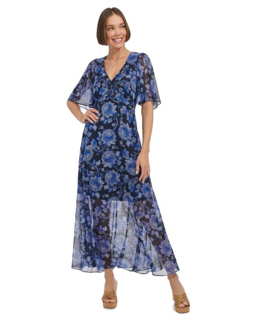 Tommy Hilfiger Blue Floral Flutter-sleeve Maxi Dress