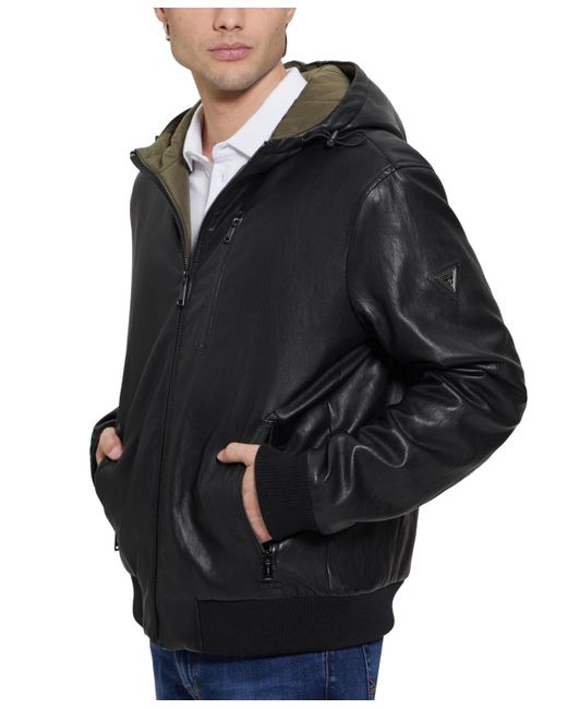Guess Gary Faux Leather Hooded Jacket in Black for Men Lyst