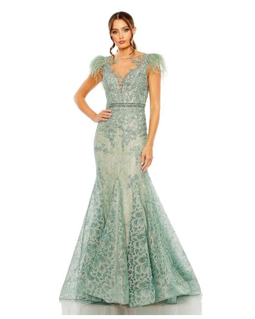 Mac Duggal Green Embellished Feather Cap Sleeve Illusion Neck Trump