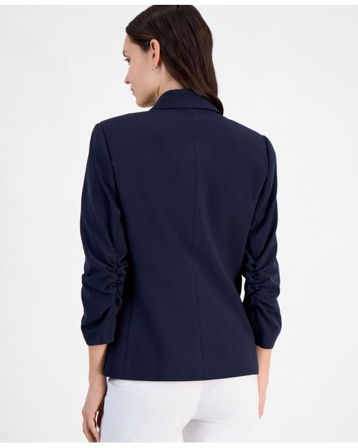Tahari Blue Ruched-sleeve One-button Blazer