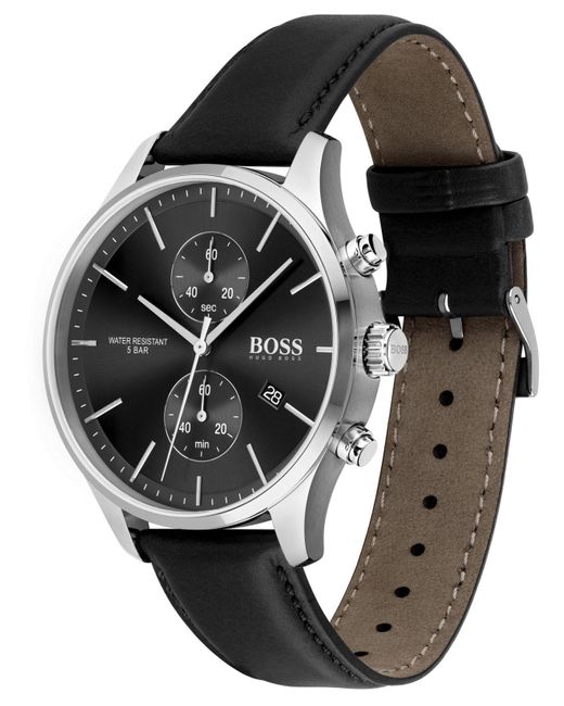BOSS by HUGO BOSS Confidence Black Leather Strap Watch 42mm for Men - Lyst