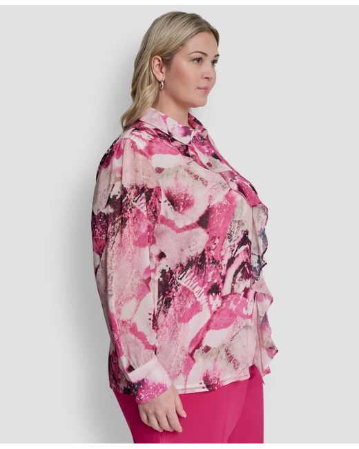 DKNY Pink Plus Size Printed Button-front Top
