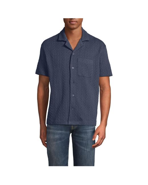 Lands' End Blue Short Sleeve Textured Cable Camp Collar Button Through Shirt for men