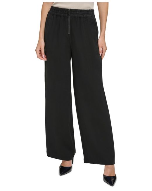 DKNY Front-zip Ruched-waist Wide-leg Pants in Black | Lyst