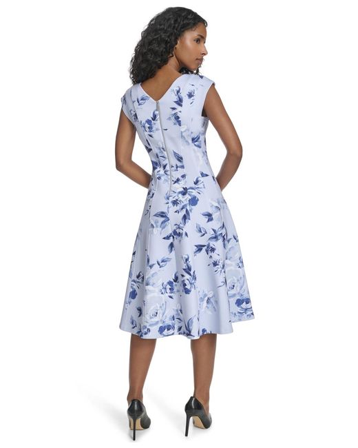 Calvin Klein Printed Fit And Flare V-neck Dress in Blue | Lyst Calvin Klein Printed Fit And Flare V-neck Dress in Blue | Lyst
