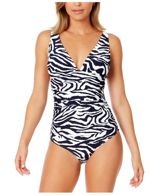 Anne Cole Blue V-neck Shirred One-piece Swimsuit