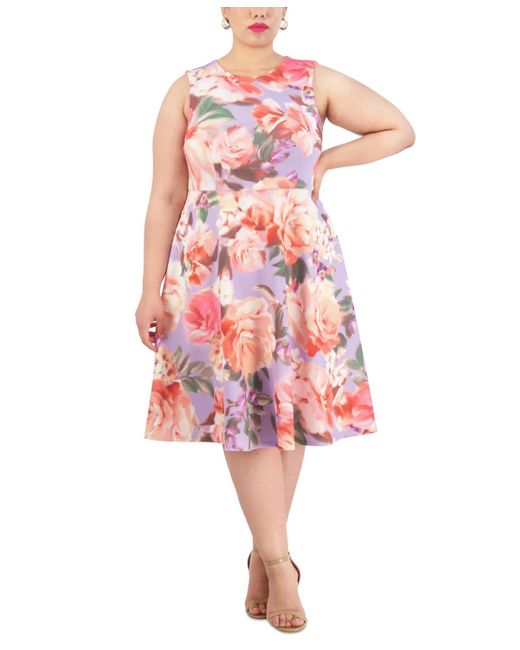 Vince Camuto Red Plus Size Floral-print Fit & Flare Dress