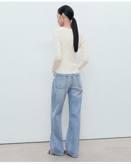 Mango White V-neck Ribbed Knit Sweater