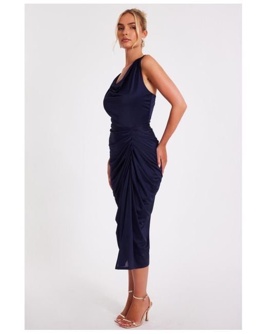 Quiz Blue Disco Cowl Hardware Detail Back Ruched Midi Dress