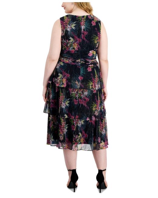 Sl Fashions Black Plus Size Floral-print Crinkled Midi Dress